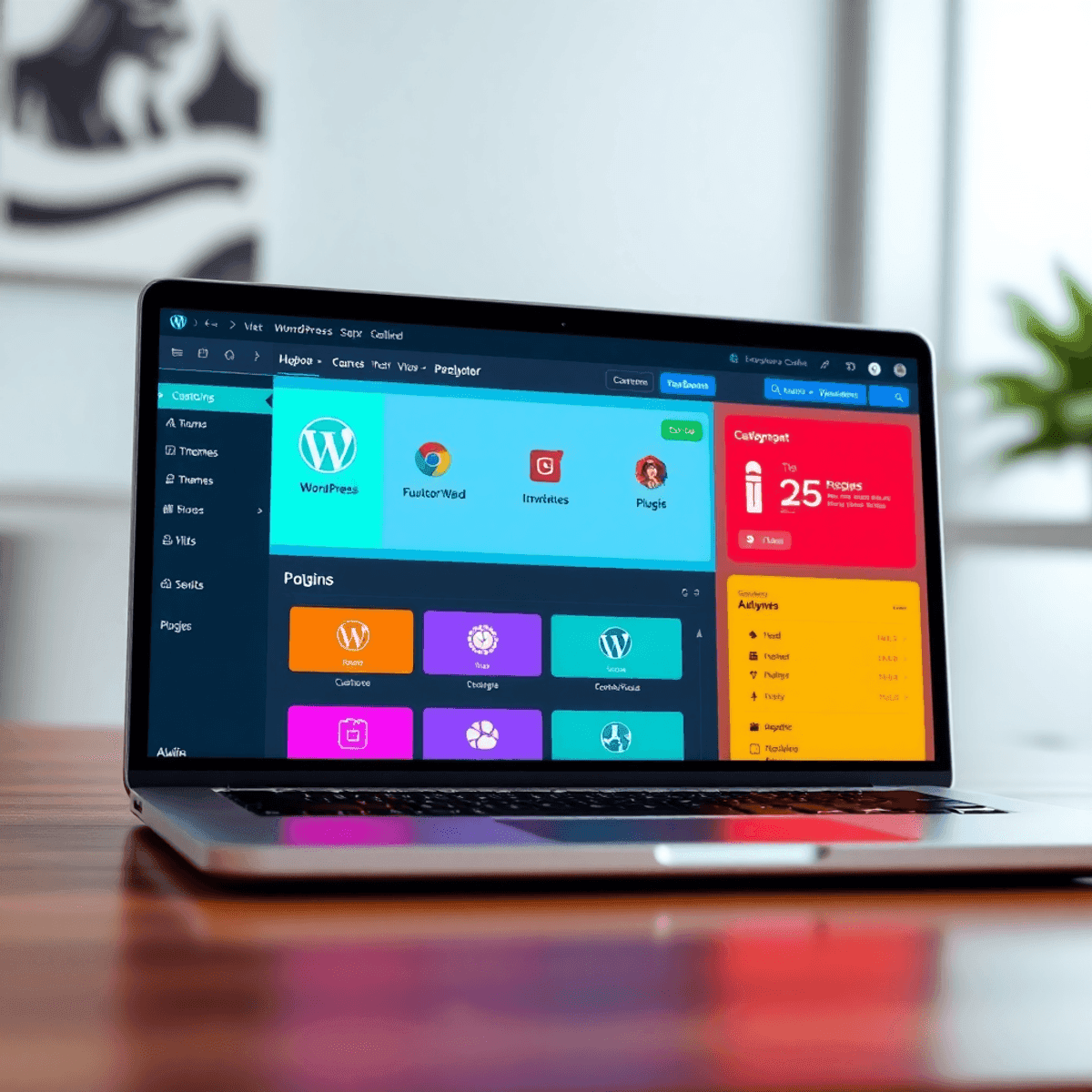 Laptop displaying colourful WordPress dashboard interface.